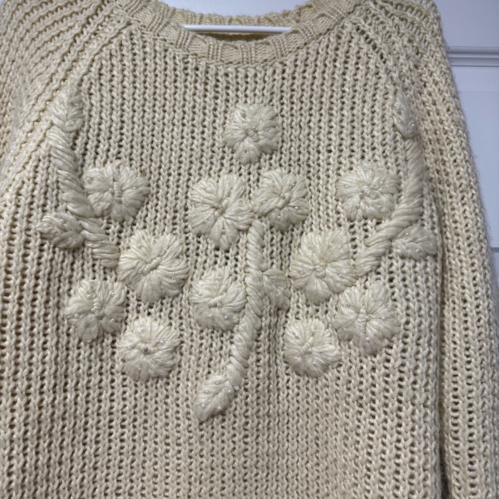 Cream Chunky Knit Sweater with Floral Accents - Picture 3 of 11